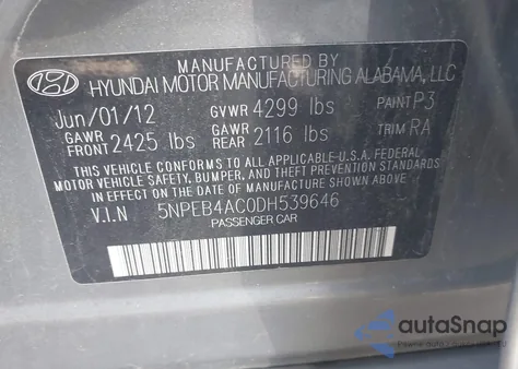 2013 Hyundai Sonata Gls из США, поврежденный, VIN 5NPEB4AC0DH539646